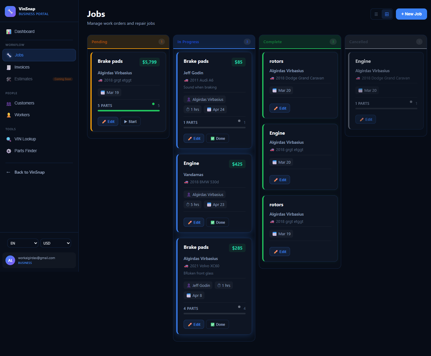 Kanban job board showing jobs across pending, in progress, and done columns