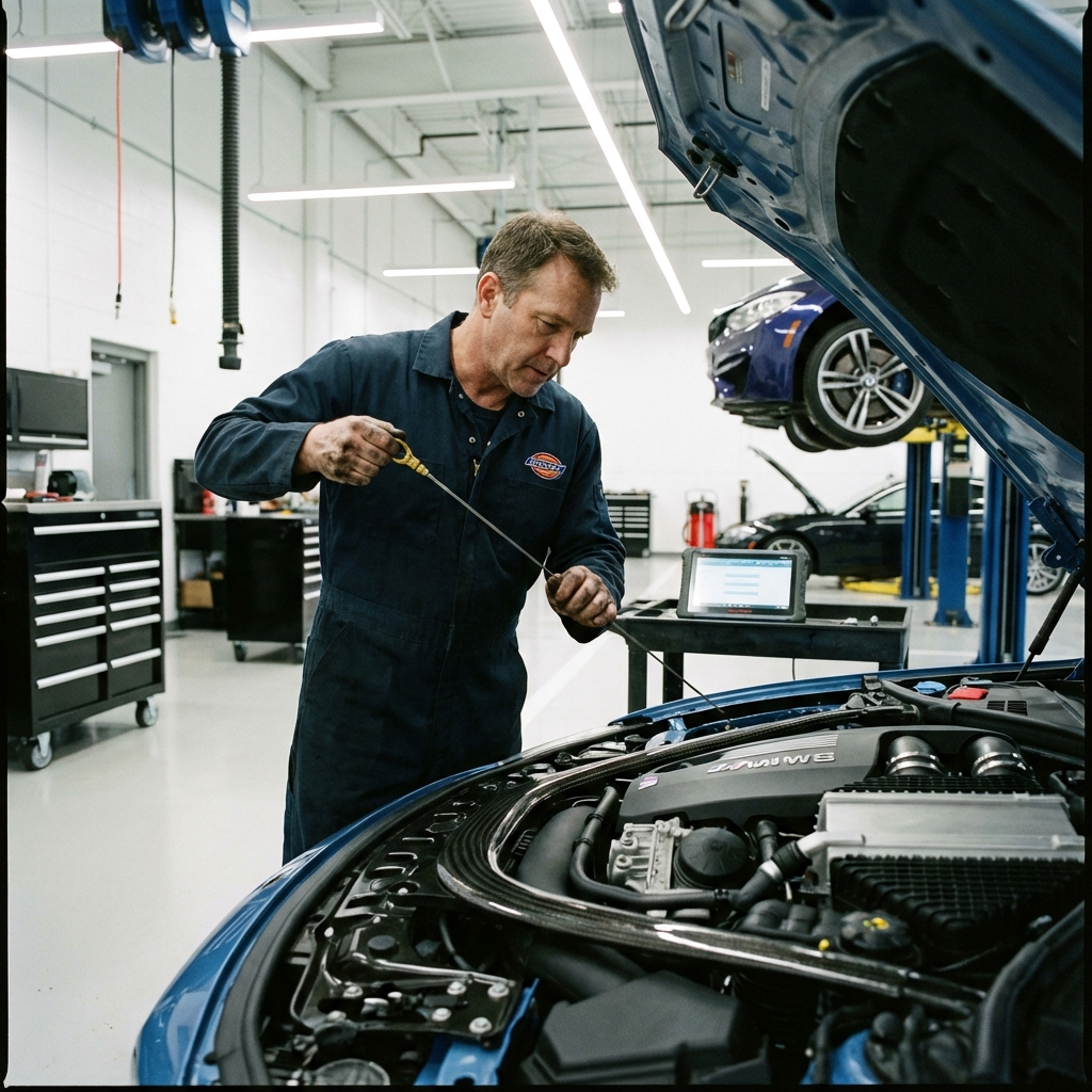 Mechanic checking oil