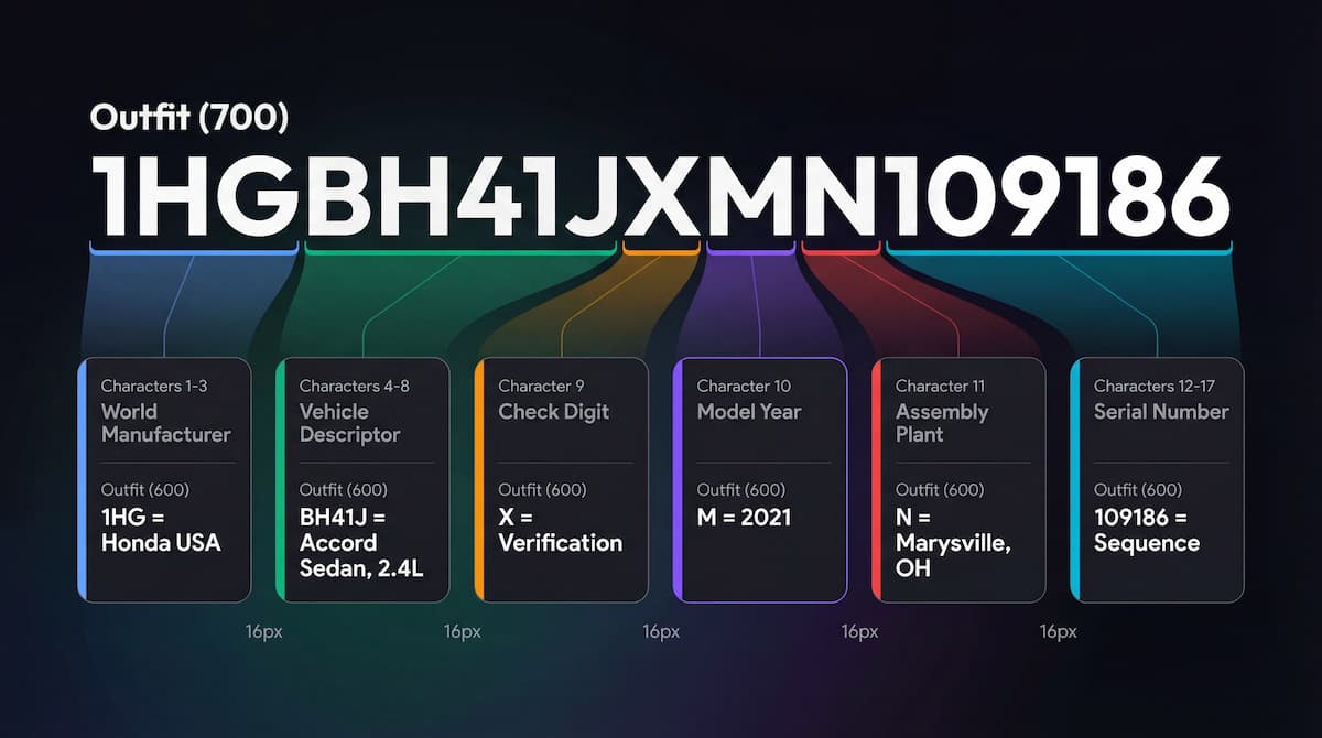 VIN Character Breakdown showing what each of the 17 characters means