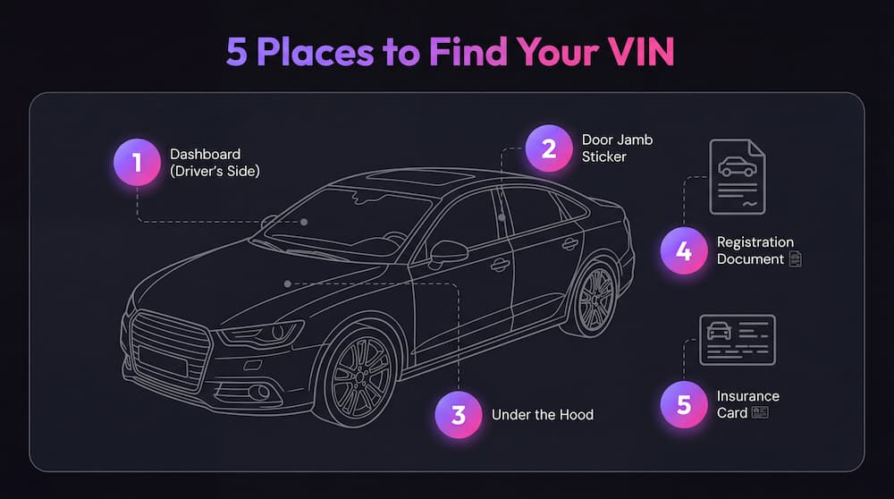 Diagram showing 5 locations where you can find your vehicle's VIN